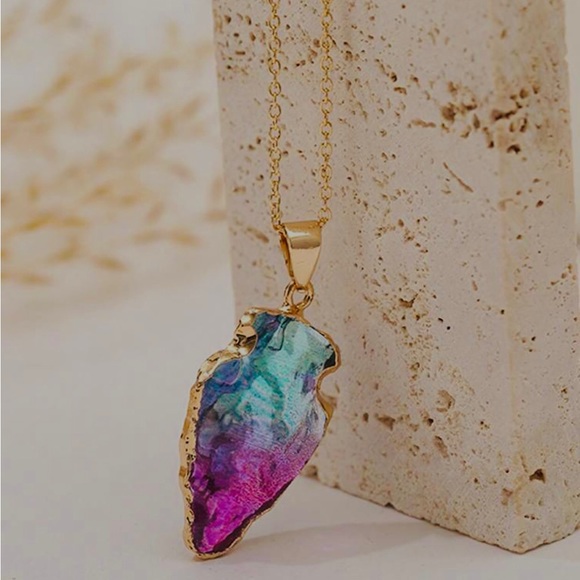 Ombre Arrowhead- Angel Aura Rainbow Quartz Striking Tip Point Head Gold Necklace - Picture 2 of 9
